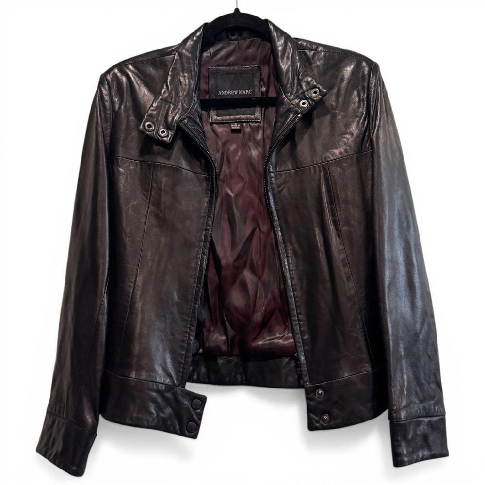 Andrew Marc New York soft black leather Racer Moto Jacket Snap Collar Size S - Picture 2 of 7